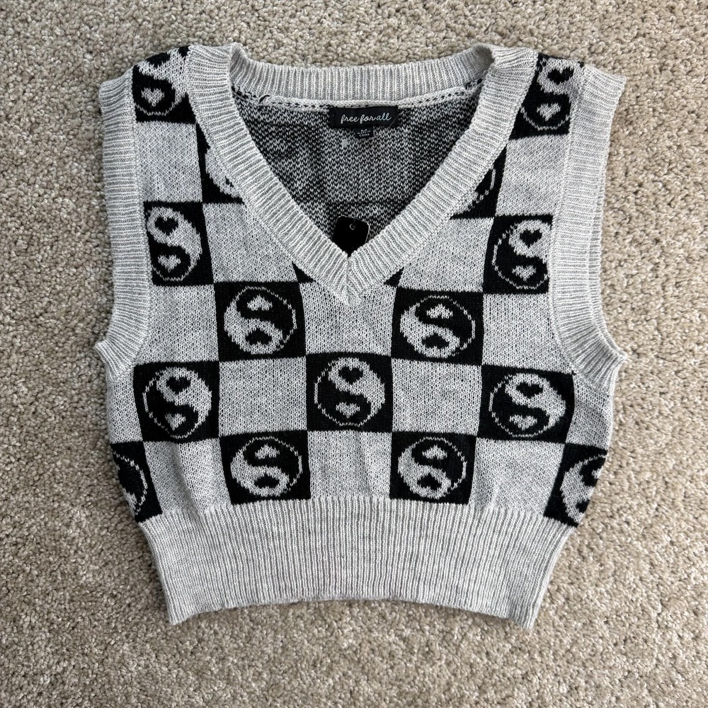 Free For All Sweater Vest Womens M Gray V Neck Checkerboard Knit Sleeveless